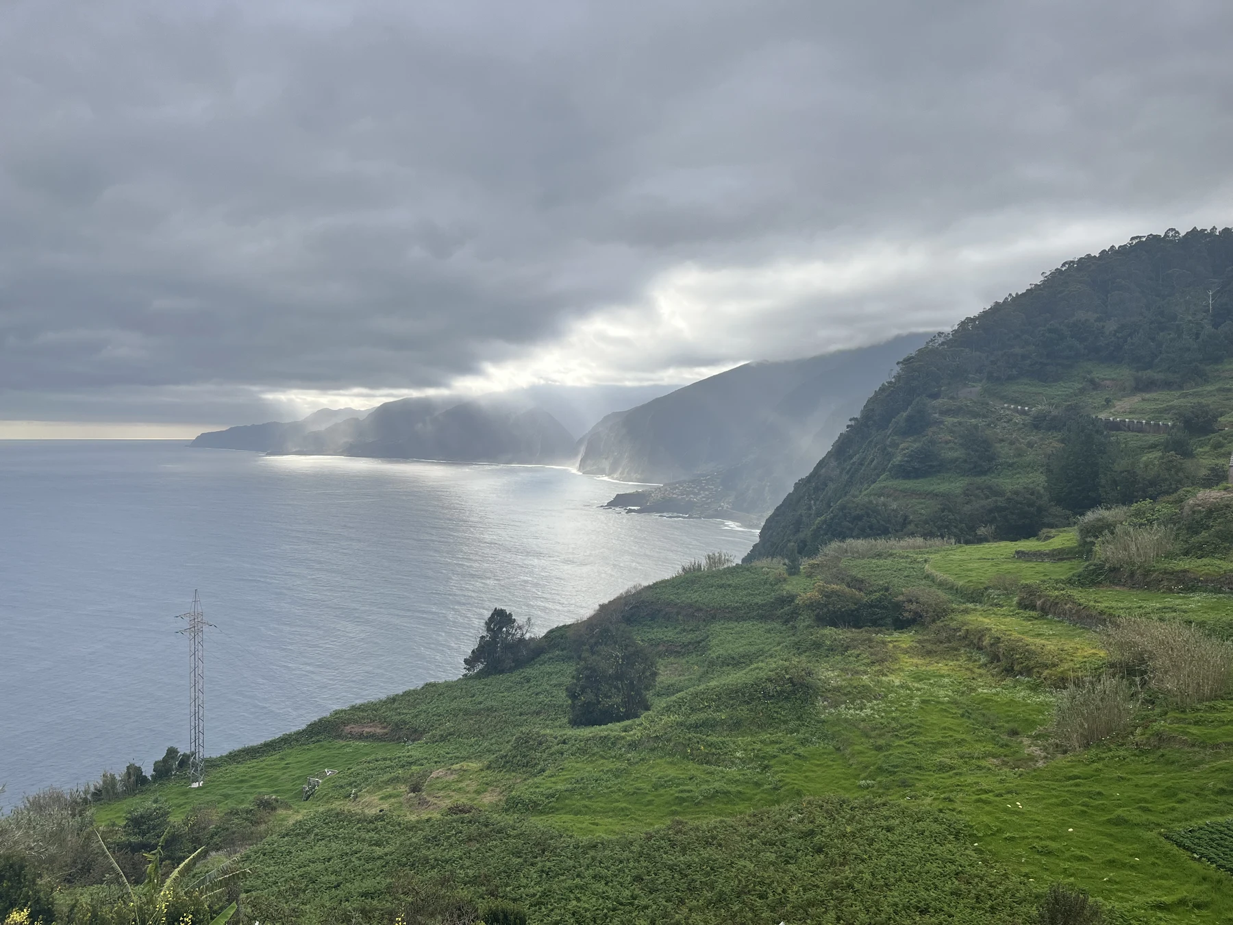 Sunlight on the Atlantic beside Madeira’s green coastal cliffs