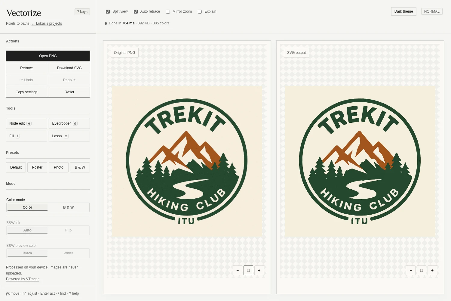 My VTracer viewer tracing the TrekIT logo: raster input on the left and vector output on the right